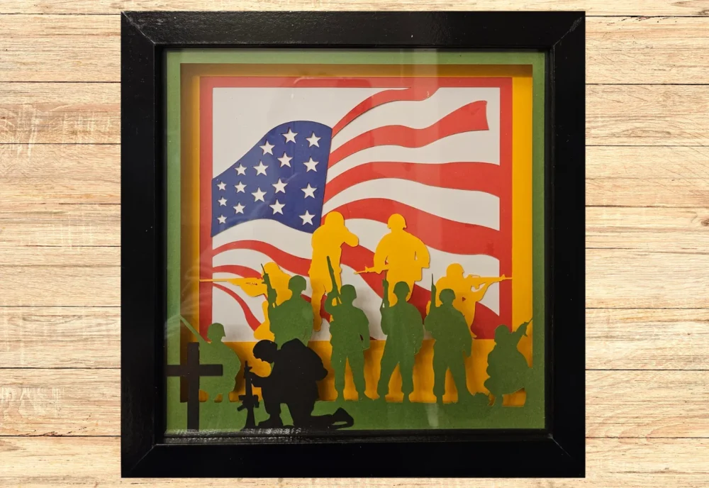 Layered Soldiers and Cross shadow box frame with lights